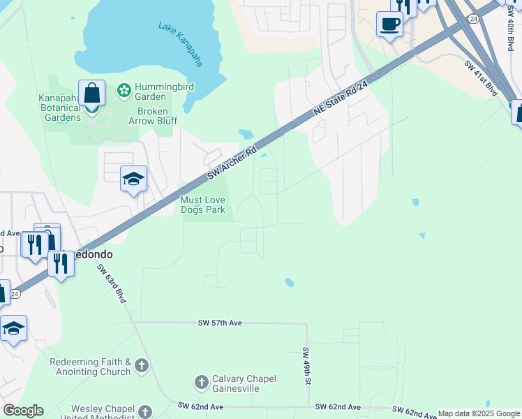 map of restaurants, bars, coffee shops, grocery stores, and more near 5109 Southwest 52nd Terrace in Gainesville