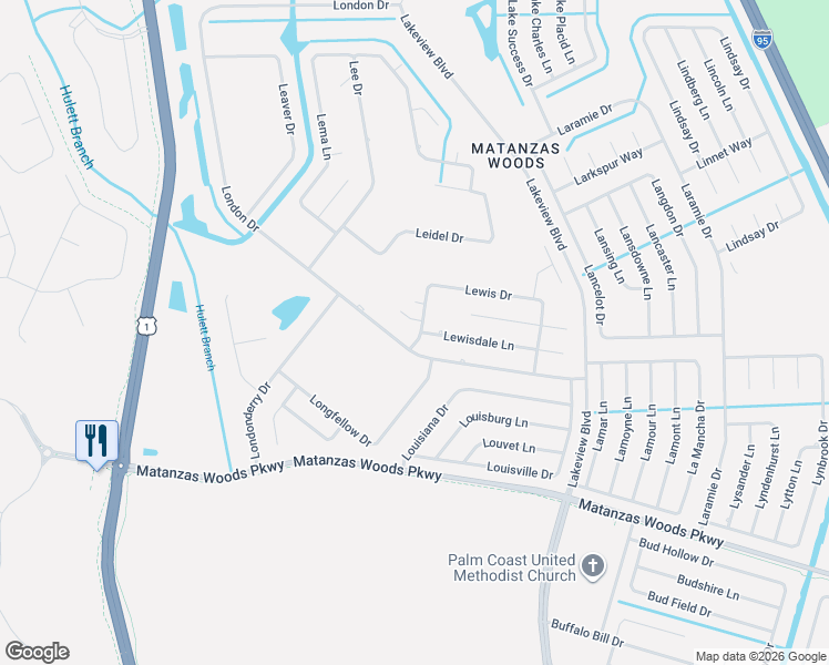 map of restaurants, bars, coffee shops, grocery stores, and more near 54 London Drive in Palm Coast