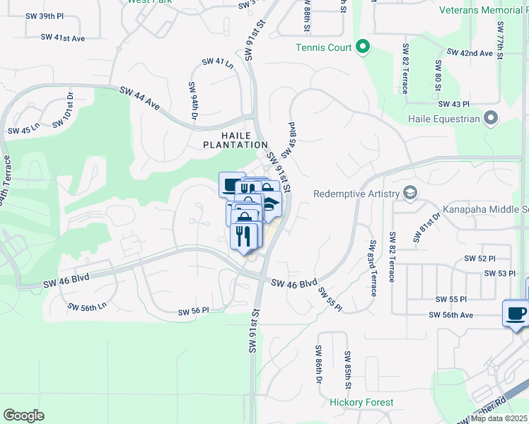 map of restaurants, bars, coffee shops, grocery stores, and more near 5204 Southwest 91 Terrace in Gainesville