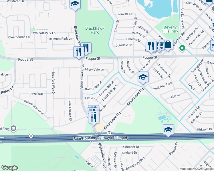 map of restaurants, bars, coffee shops, grocery stores, and more near 9515 Coast Bridge Street in Houston