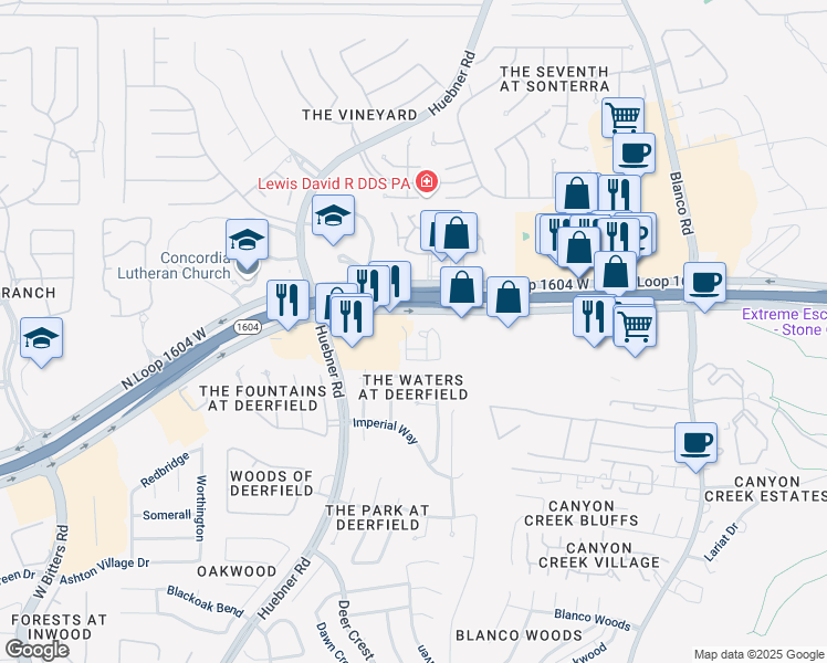 map of restaurants, bars, coffee shops, grocery stores, and more near 1808 Texas 1604 Loop in San Antonio
