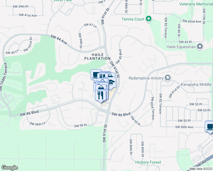 map of restaurants, bars, coffee shops, grocery stores, and more near 5040 Southwest 91 Terrace in Gainesville