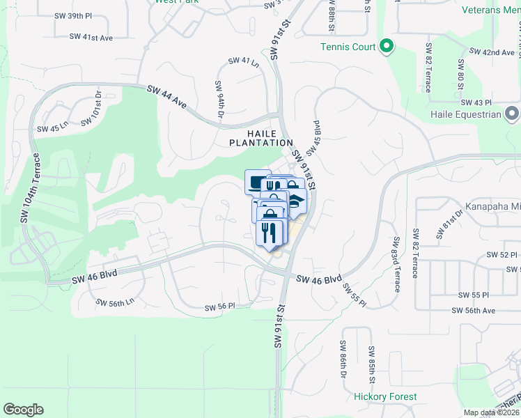 map of restaurants, bars, coffee shops, grocery stores, and more near 5133 Southwest 91 Court in Gainesville