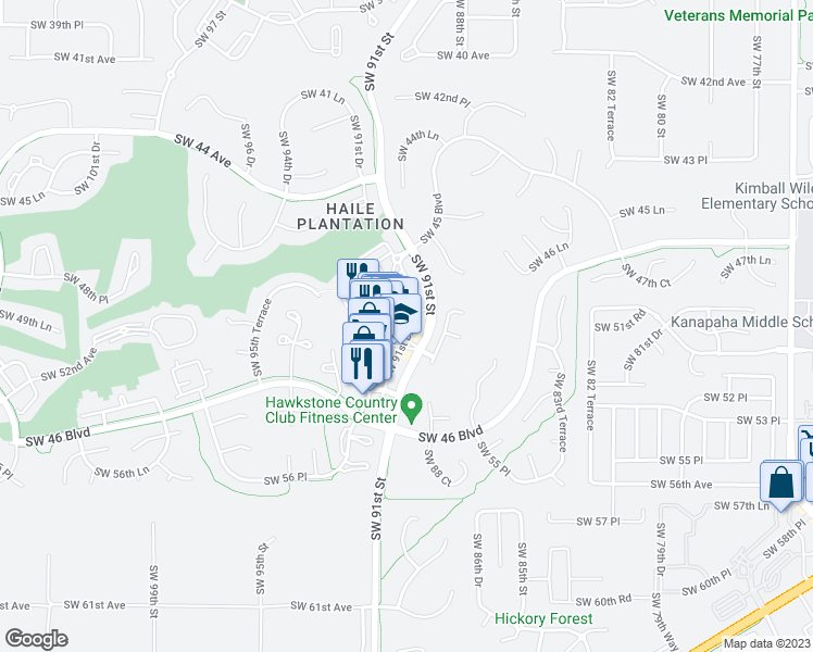 map of restaurants, bars, coffee shops, grocery stores, and more near 5028 Southwest 91st Drive in Gainesville