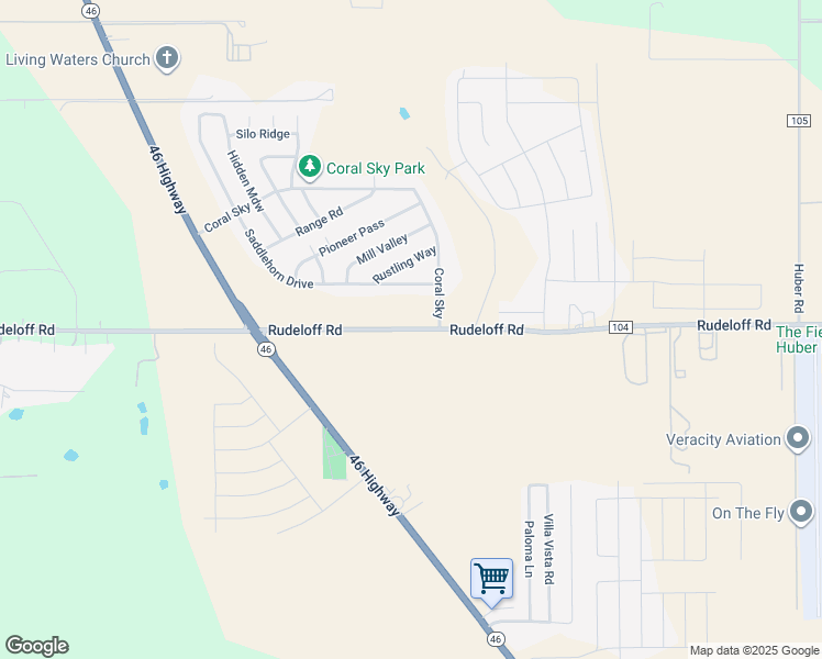 map of restaurants, bars, coffee shops, grocery stores, and more near County Road 104 in Seguin