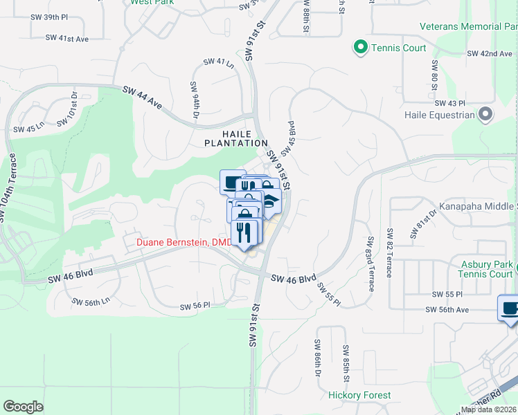 map of restaurants, bars, coffee shops, grocery stores, and more near 5204 Southwest 91 Terrace in Gainesville
