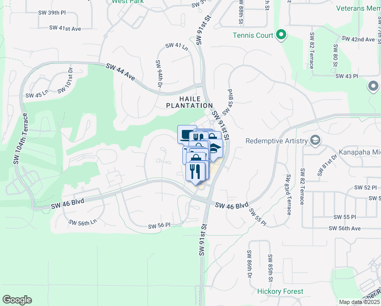 map of restaurants, bars, coffee shops, grocery stores, and more near 5133 Southwest 91 Court in Gainesville