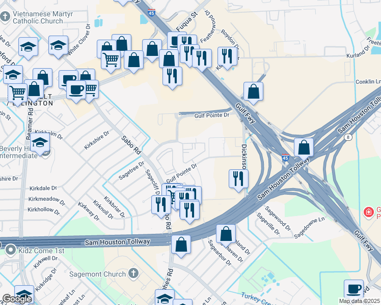 map of restaurants, bars, coffee shops, grocery stores, and more near 11881 Gulf Pointe Drive in Houston