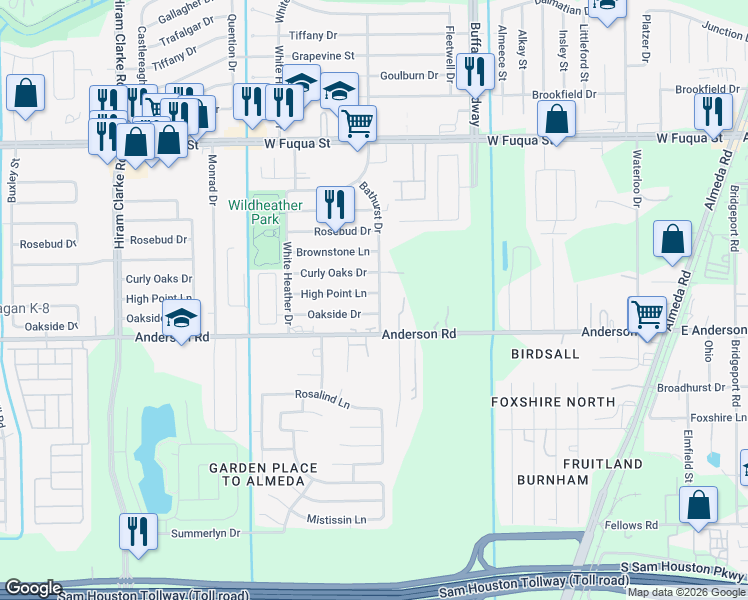 map of restaurants, bars, coffee shops, grocery stores, and more near 15119 Bathurst Drive in Houston