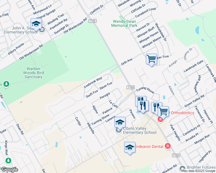map of restaurants, bars, coffee shops, grocery stores, and more near 828 Silver Fox in Cibolo