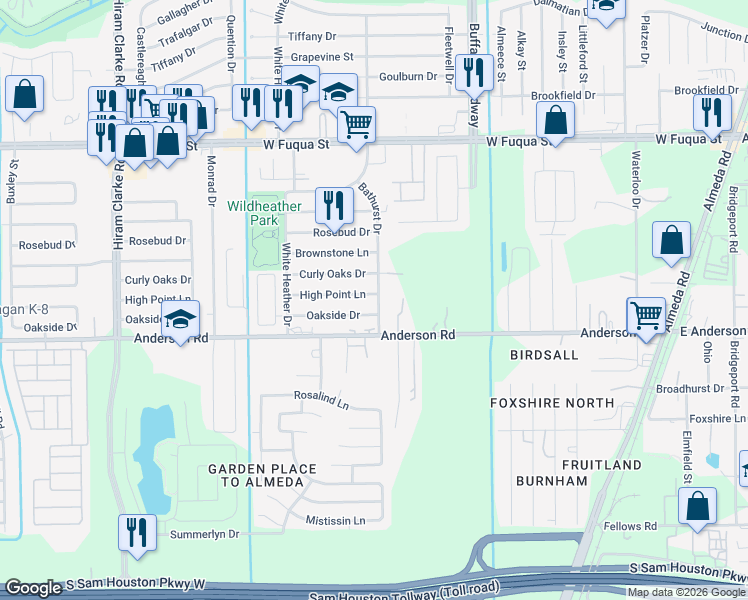 map of restaurants, bars, coffee shops, grocery stores, and more near 15119 Bathurst Drive in Houston