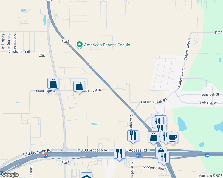 map of restaurants, bars, coffee shops, grocery stores, and more near 3004 Highway 123 in Seguin