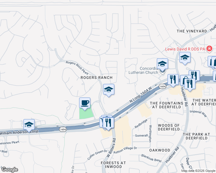 map of restaurants, bars, coffee shops, grocery stores, and more near 2610 Plum Hollow in San Antonio