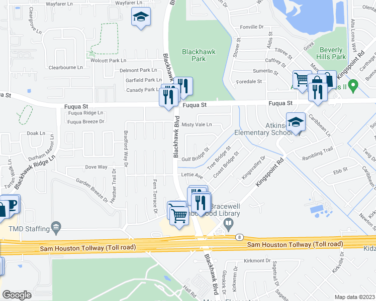 map of restaurants, bars, coffee shops, grocery stores, and more near 10931 Covered Bridge Street in Houston