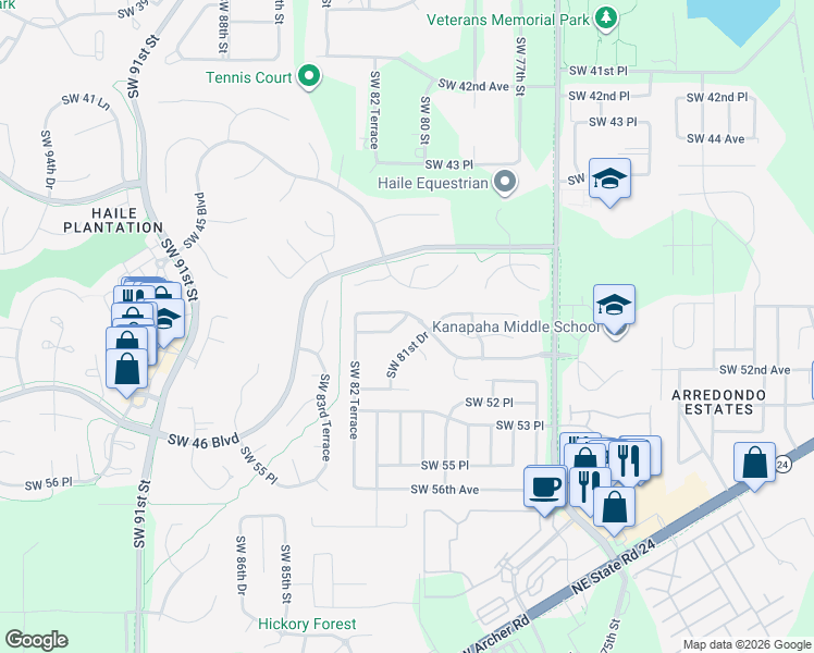 map of restaurants, bars, coffee shops, grocery stores, and more near 8032 Southwest 51 Lane in Gainesville