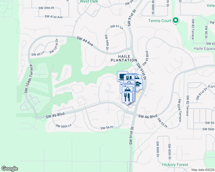 map of restaurants, bars, coffee shops, grocery stores, and more near 5116 Southwest 94th Street in Gainesville