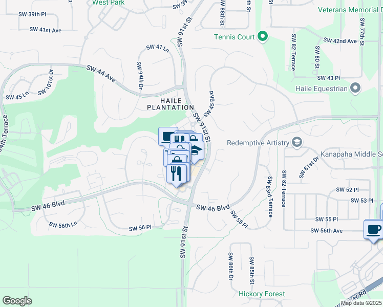 map of restaurants, bars, coffee shops, grocery stores, and more near 5204 Southwest 91 Terrace in Gainesville