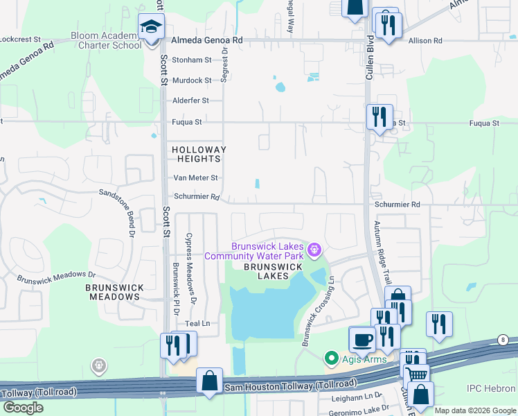 map of restaurants, bars, coffee shops, grocery stores, and more near 13914 Bayfield Glen Lane in Houston