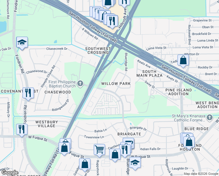 map of restaurants, bars, coffee shops, grocery stores, and more near 7311 Chasewood Drive in Missouri City