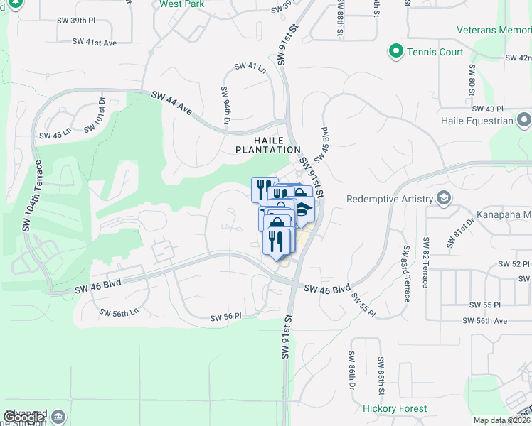 map of restaurants, bars, coffee shops, grocery stores, and more near 5133 Southwest 91 Court in Gainesville