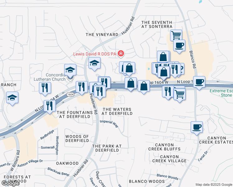 map of restaurants, bars, coffee shops, grocery stores, and more near 1818 North Loop 1604 West in San Antonio