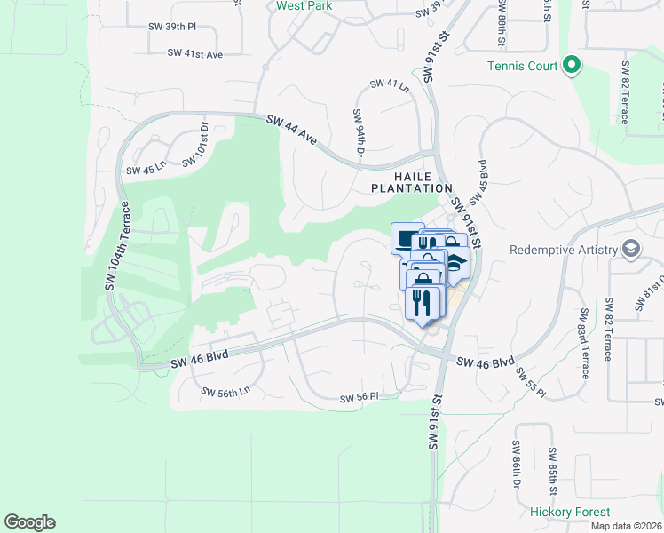 map of restaurants, bars, coffee shops, grocery stores, and more near 9515 Southwest 50th Road in Gainesville