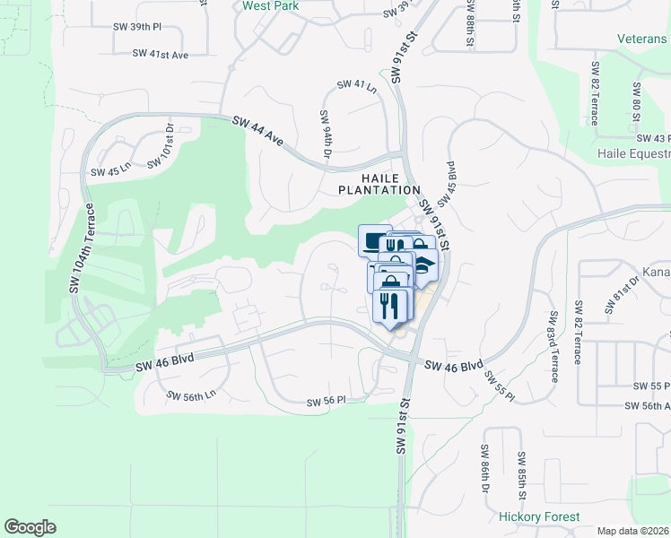map of restaurants, bars, coffee shops, grocery stores, and more near 5115 Southwest 94th Street in Gainesville