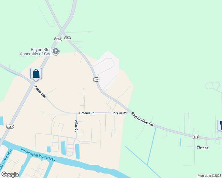 map of restaurants, bars, coffee shops, grocery stores, and more near 834-874 Bayou Blue Road in Houma