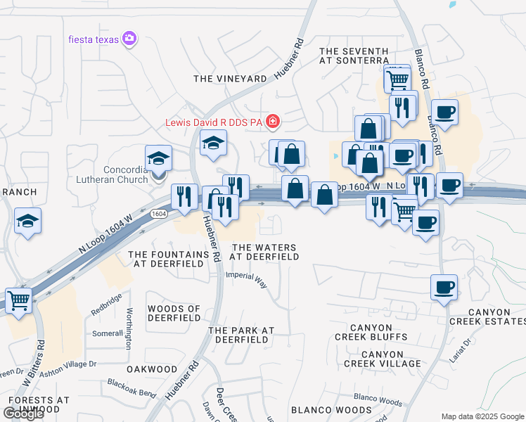 map of restaurants, bars, coffee shops, grocery stores, and more near 1818 North Loop 1604 West in San Antonio