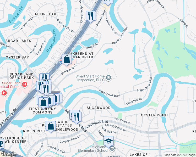 map of restaurants, bars, coffee shops, grocery stores, and more near 2 Burnham Circle in Sugar Land