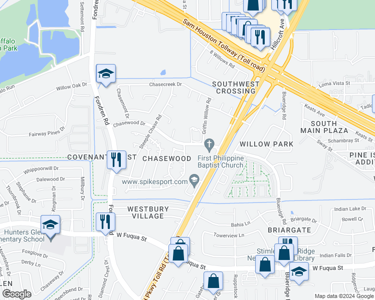 map of restaurants, bars, coffee shops, grocery stores, and more near 15007 Ridingwood Drive in Missouri City