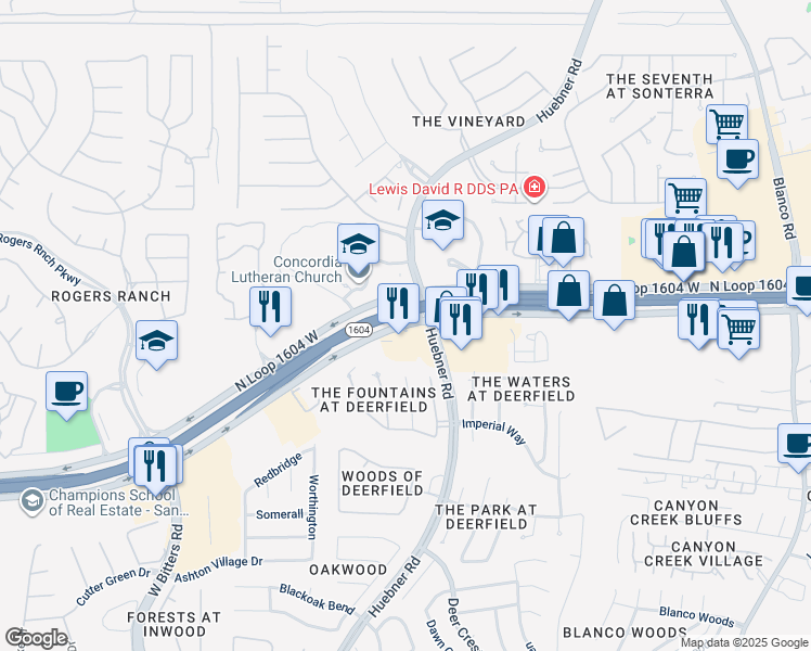 map of restaurants, bars, coffee shops, grocery stores, and more near 1950 North Loop 1604 West in San Antonio