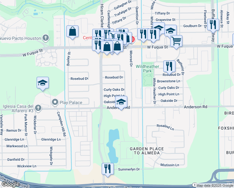map of restaurants, bars, coffee shops, grocery stores, and more near 4322 High Point Lane in Houston