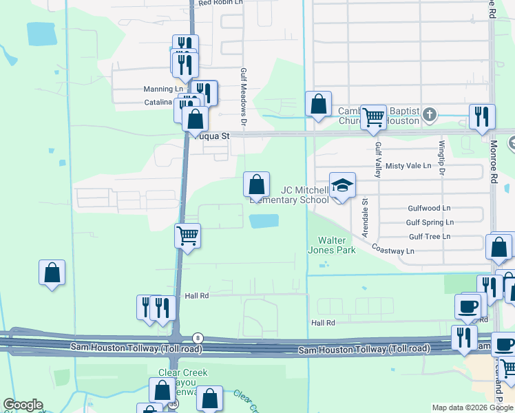 map of restaurants, bars, coffee shops, grocery stores, and more near 10803 Leitz Road in Houston