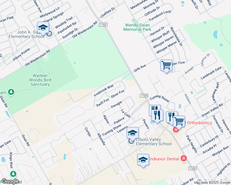 map of restaurants, bars, coffee shops, grocery stores, and more near 821 Silver Fox in Cibolo