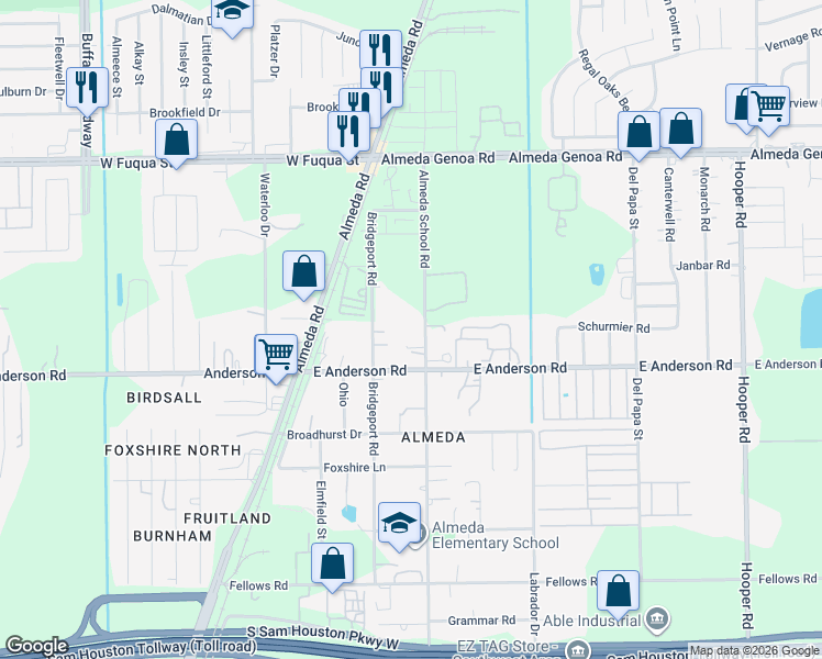 map of restaurants, bars, coffee shops, grocery stores, and more near 13628 Almeda School Road in Houston