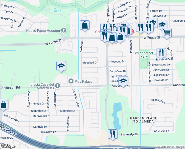 map of restaurants, bars, coffee shops, grocery stores, and more near 4615 Brownstone Lane in Houston