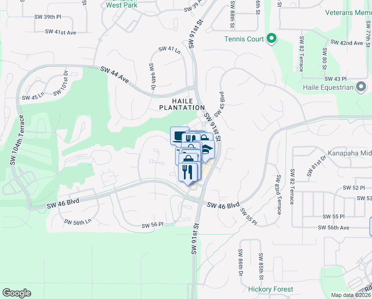 map of restaurants, bars, coffee shops, grocery stores, and more near 9189 Southwest 48th Place in Gainesville