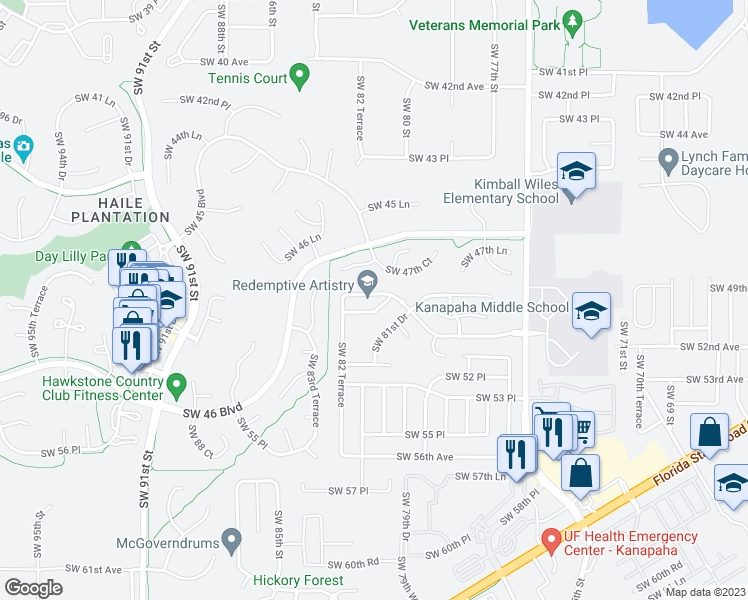 map of restaurants, bars, coffee shops, grocery stores, and more near 8161 Southwest 51st Boulevard in Gainesville
