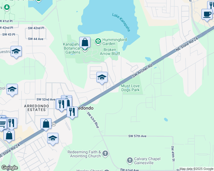 map of restaurants, bars, coffee shops, grocery stores, and more near 5816 Southwest Archer Road in Gainesville