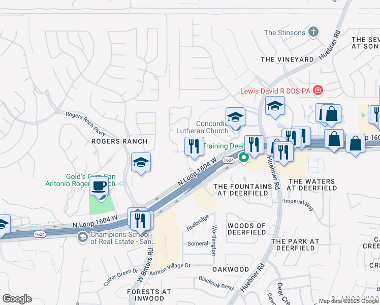 map of restaurants, bars, coffee shops, grocery stores, and more near 18200 Blanco Springs in San Antonio