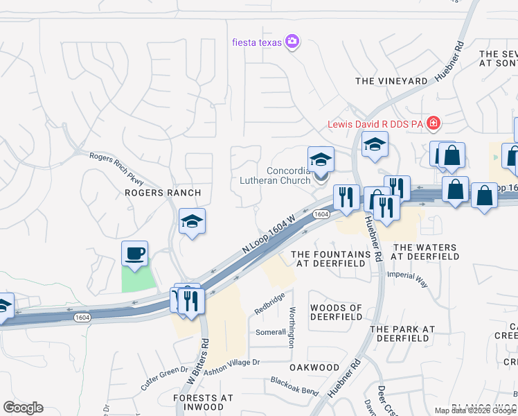 map of restaurants, bars, coffee shops, grocery stores, and more near 18200 Blanco Springs in San Antonio