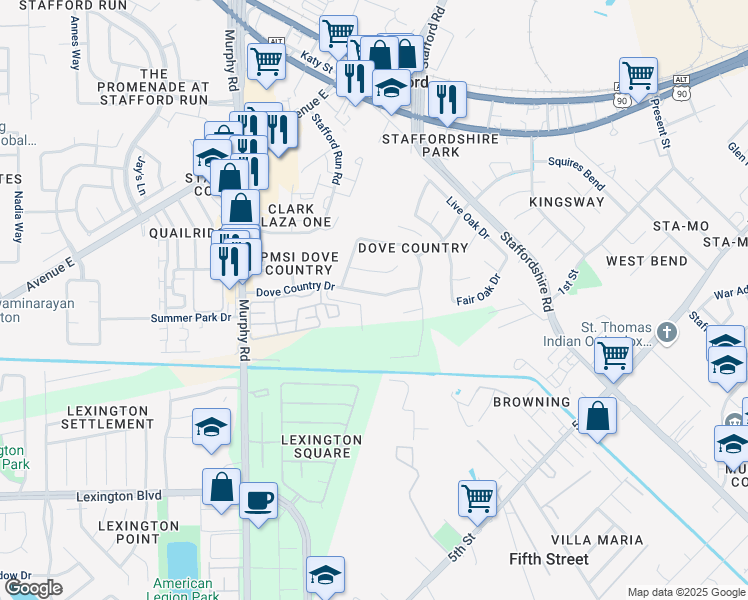 map of restaurants, bars, coffee shops, grocery stores, and more near 2814 Dove Country Drive in Stafford