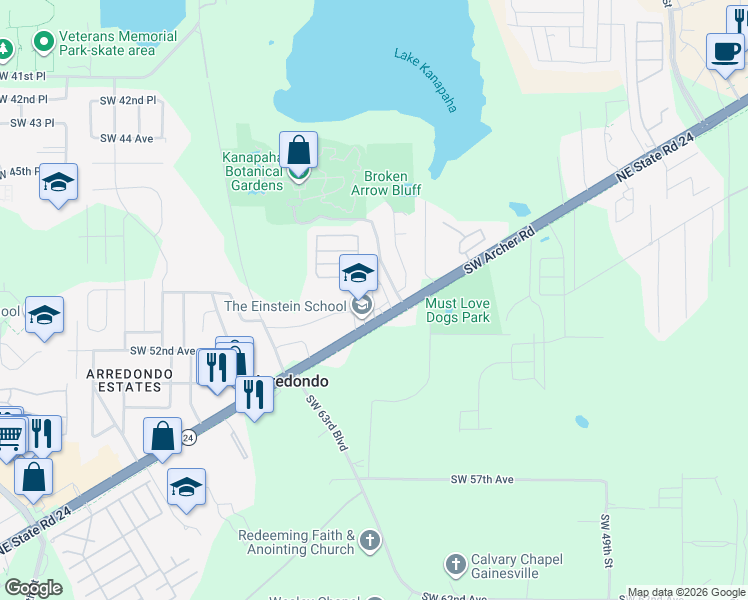 map of restaurants, bars, coffee shops, grocery stores, and more near 5816 Southwest Archer Road in Gainesville