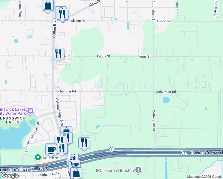map of restaurants, bars, coffee shops, grocery stores, and more near 4401 Schurmier Road in Houston