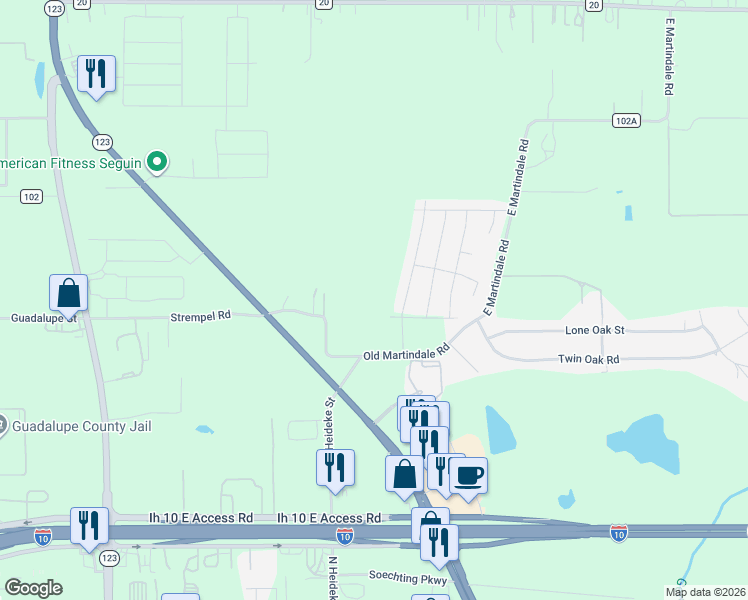 map of restaurants, bars, coffee shops, grocery stores, and more near 1316 Redwood Creek in Seguin