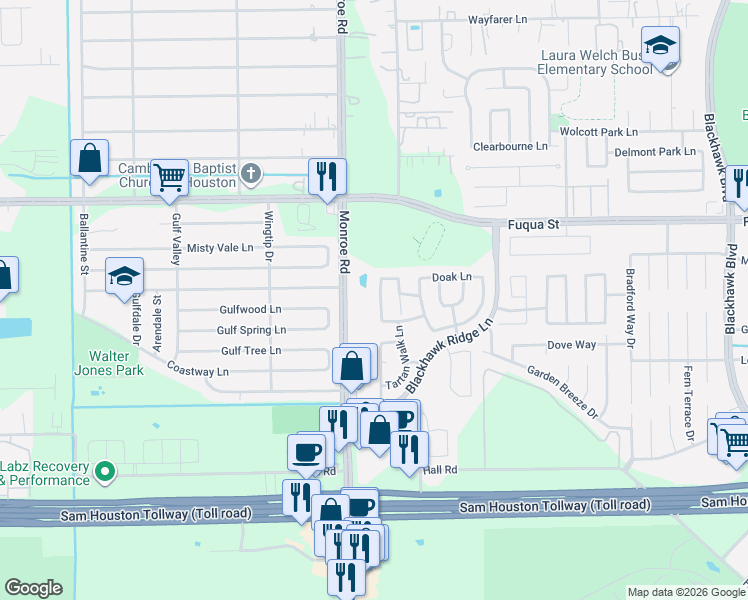 map of restaurants, bars, coffee shops, grocery stores, and more near 10818 Tallow Briar Lane in Houston