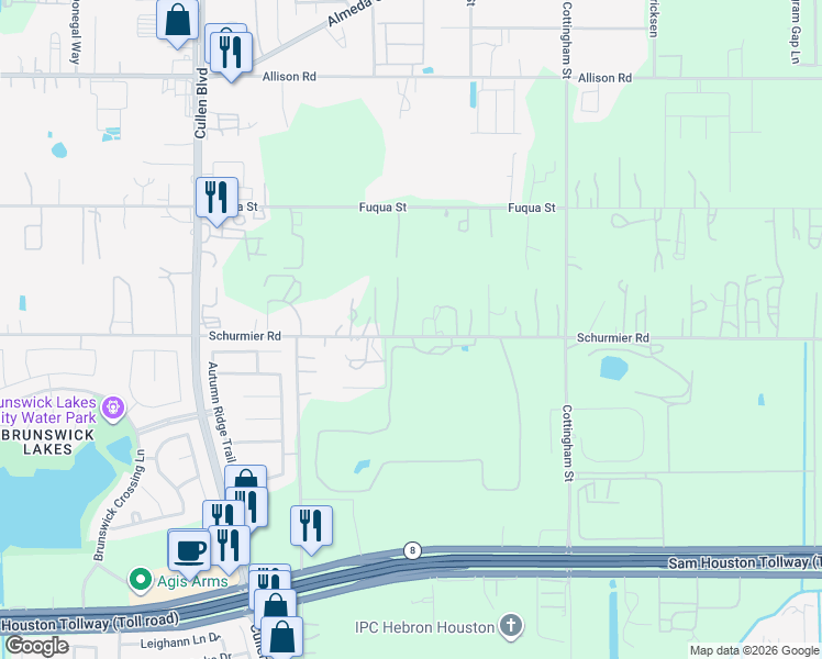 map of restaurants, bars, coffee shops, grocery stores, and more near 4401 Schurmier Road in Houston