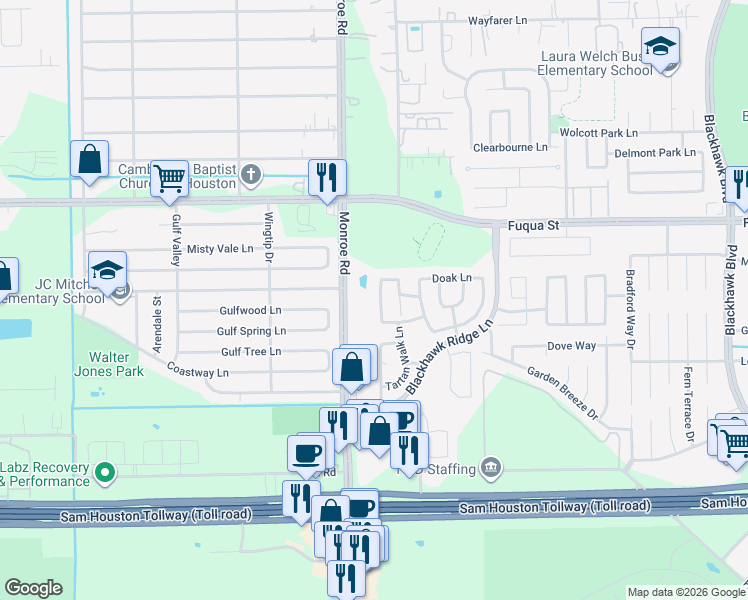 map of restaurants, bars, coffee shops, grocery stores, and more near 10834 Tallow Briar Lane in Houston