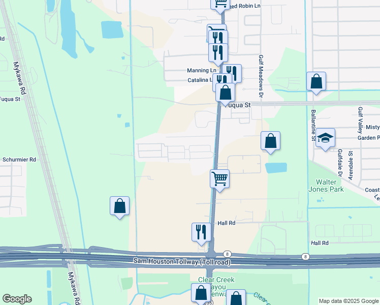 map of restaurants, bars, coffee shops, grocery stores, and more near 10810 Telephone Road in Houston
